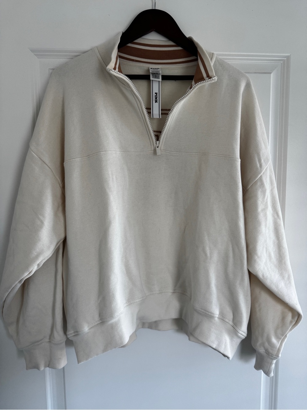New V.S. PINK Cream & Mocha Pink Logo Quarter Zip Hoodie XL